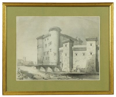 un vieux dessin représentant un château avec un pont au premier plan