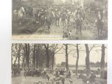 two old black and white photos of people and animals in a field