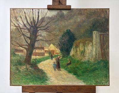 une peinture représentant un homme et une femme marchant sur un chemin