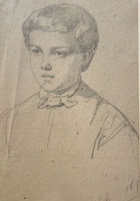 portrait d'un jeune garçon portant un nœud papillon, sous forme de dessin en noir et blanc