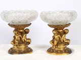pair of antique brass and glass vases with cherensils
