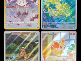 four different pokemon cards are shown in a row on a black background