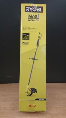 une boîte contenant une débroussailleuse filaire Ryobi posée sur une table