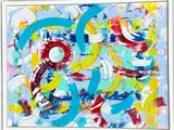 peinture abstraite aux couleurs bleue, jaune, rouge et blanche