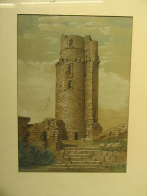 painting of a castle in the middle of a field with a sky background