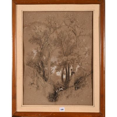 un tableau représentant un paysage désertique avec des arbres et des buissons au premier plan