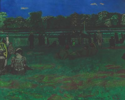 une peinture représentant une calèche tirée par des chevaux dans un champ