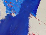 an abstract painting of blue and red paint on a white surface
