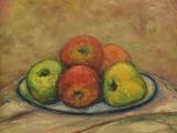 a painting of apples and pears on a plate on a table