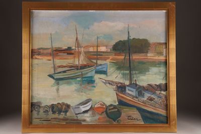 a painting of boats on the water in a wooden frame