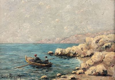 une peinture représentant un homme dans un bateau sur l'eau