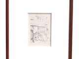 drawing of a street scene in a frame with a man sitting on a bench