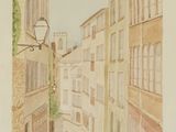 a painting of a narrow street with buildings on both sides