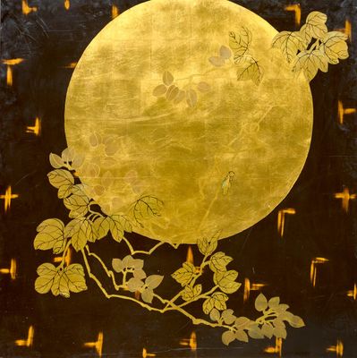 une image représentant une peinture de la pleine lune sur un fond noir et doré