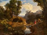 an image of a painting of a man and a woman on horseback by a river