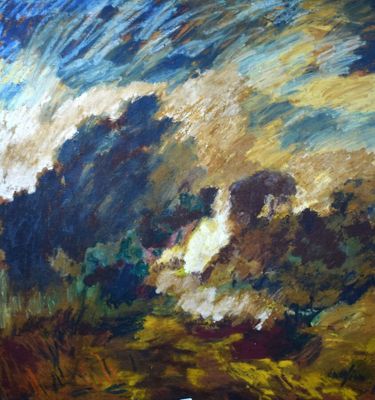 une peinture à l'huile représentant un train traversant une campagne rurale