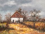 une peinture à l'huile représentant une grange au milieu d'un champ