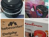 four different pictures of a camera lens and a box of food