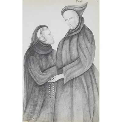 an old drawing of a man and a woman standing next to each other