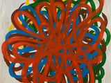 une image représentant une peinture d'une fleur rouge, bleue, verte et jaune