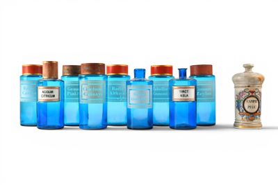 six bottles of blue liquid and a small bottle of water