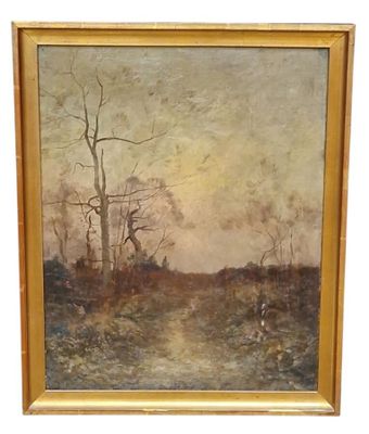 un tableau représentant un paysage avec des arbres au loin