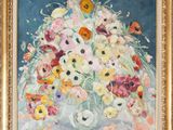 une peinture à l'huile représentant des fleurs dans un vase sur une table
