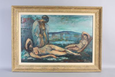 an oil painting of two nudes and a man laying on a bed