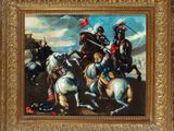 tableau représentant un groupe d'hommes à cheval portant un drapeau