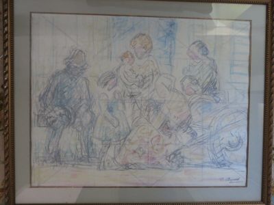 dessin d'un groupe de personnes assises autour d'une table dans une pièce