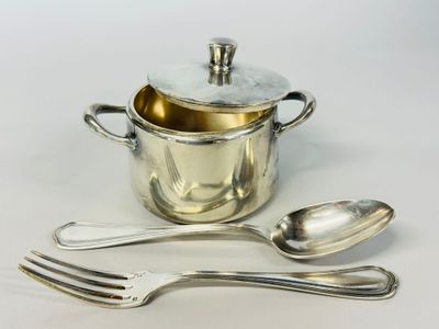 a silver pot and two spoons next to each other