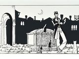drawing of a man standing in front of a building in a courtyard