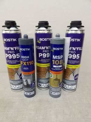 four different types of foam fillers and a can of foam filler