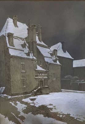 un tableau représentant un bâtiment dont le toit est recouvert d'une épaisse couche de neige