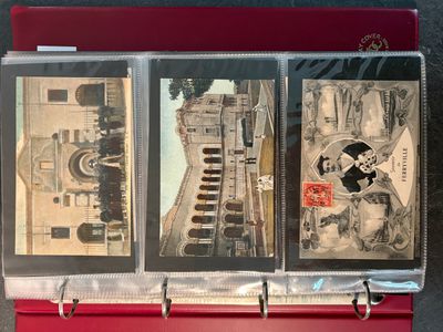 a red box with three pictures of a building and a train