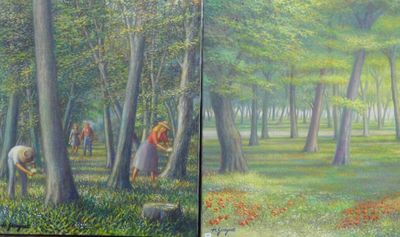 deux tableaux représentant des personnes travaillant dans les bois
