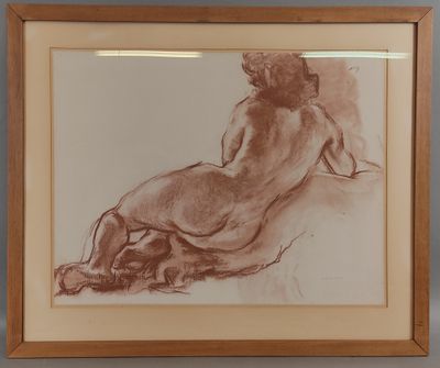 dessin représentant une femme nue assise sur une chaise, dans un cadre en bois