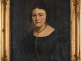 a painting of a woman in a black dress with a gold frame