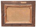 an old wooden frame with a picture hanging on the wall