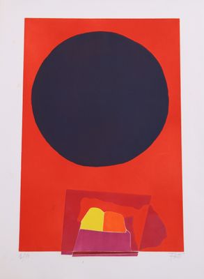 une image représentant un tableau rouge et bleu orné d'un cercle noir