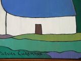 a painting of a white house on a shelf