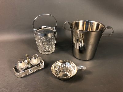 silver plated ice bucket, salt and pepper shaker and salt shaker