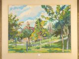 painting of a house in a park with trees and a bench