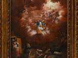 une peinture à l'huile représentant un tableau d'un homme sur un nuage au-dessus d'un groupe de personnes