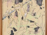painting of a group of people playing instruments in a wood frame