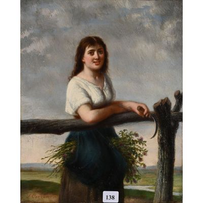 un tableau représentant une femme appuyée contre une clôture, tenant un bouquet de fleurs