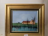 framed oil painting of a farm scene with a pond and a barn
