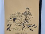 a book with a drawing of a man and a woman sitting on a couch