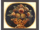 a picture of a painting of a vase with fruit in it