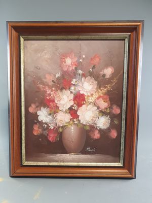 painting of a vase of flowers on a table in front of a blue wall